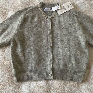 Zara Women's Gray Cardigan with Embellished Collar
